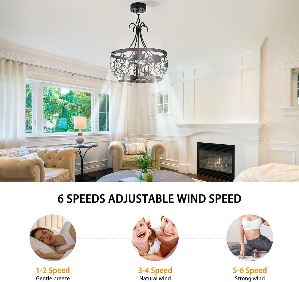 Garwarm 21 inch Ceiling Fans with Lights,Black Industrial Caged Flush Mount Ceiling Fans with Remote,Rustic Chandelier Ceiling Fan for Dining Room Bedroon Kitchen, 6 Speed Timing