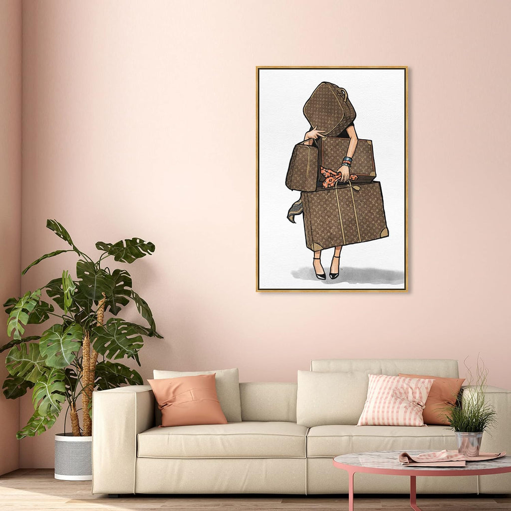 The Oliver Gal Artist Co. Fashion and Glam Framed Wall Art Canvas Prints, Bags-Orange' Travel Essentials Home Décor, 36 in x 54 in, Brown, White