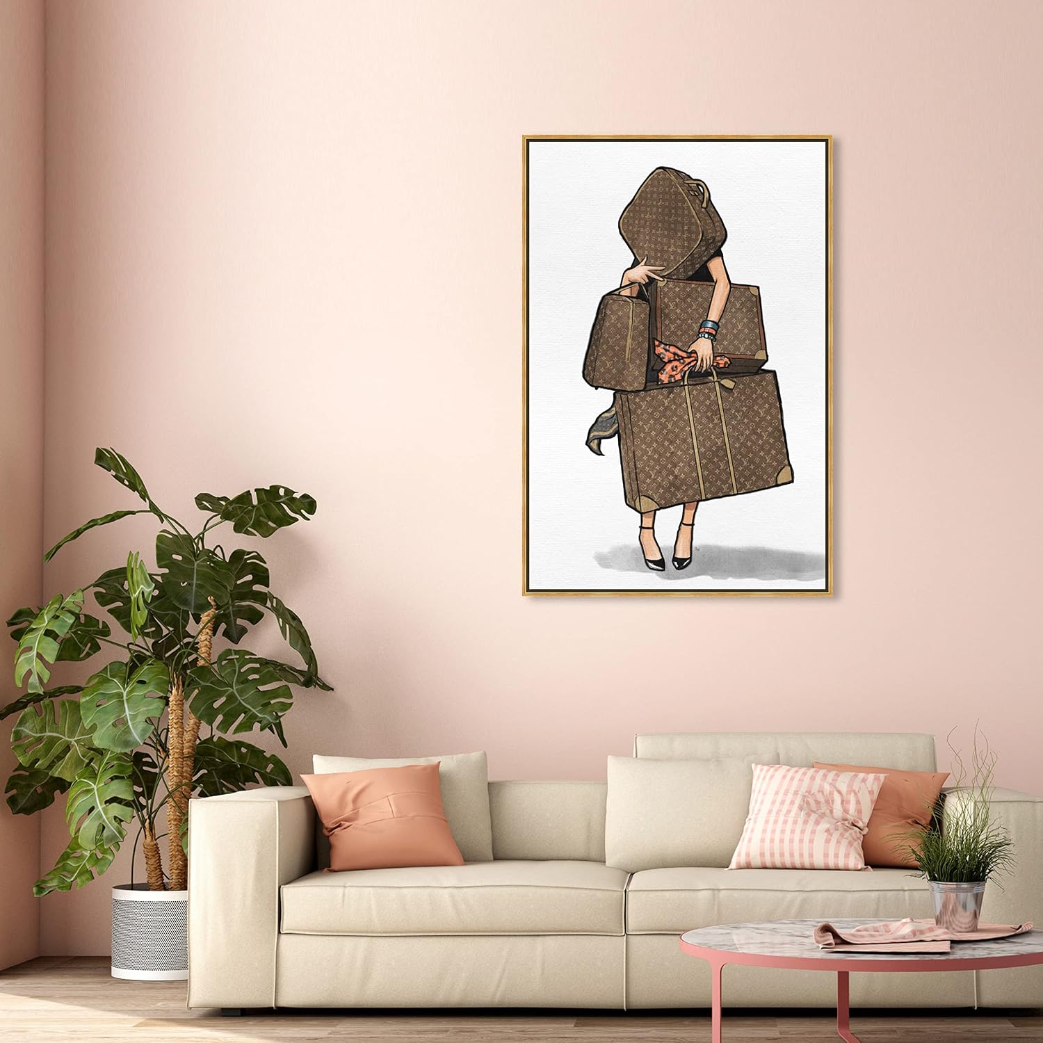 The Oliver Gal Artist Co. Fashion and Glam Framed Wall Art Canvas Prints, Bags-Orange' Travel Essentials Home Décor, 36 in x 54 in, Brown, White