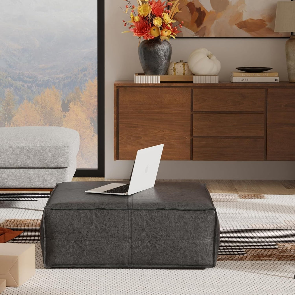 SIMPLIHOME Brody Extra Large Coffee Table Pouf - 36 inch Wide Upholstered Vegan Leather Square Ottoman in Distressed Black, Boho Footstool, Coffee Table or Extra Seating for Living Room, Assembled