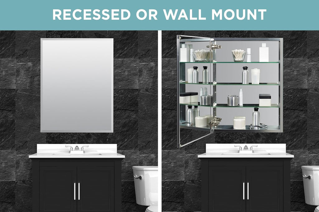 Zenna Home Bathroom Medicine Cabinet with Mirror, Frameless Bathroom Wall Cabinet with Rustproof Aluminum Body, 3 Adjustable Glass Shelves, Recessed or Surface Wall Mount Installation, 20 x 26 Inches