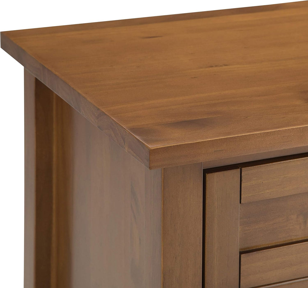 SIMPLIHOME Warm Shaker Bedside Table - 24 inch Wide Solid Wood Nightstand in Light Golden Brown, Transitional Bedroom Side or End Table with 2 Drawers, Open Shelf Storage and Brushed Nickel Hardware