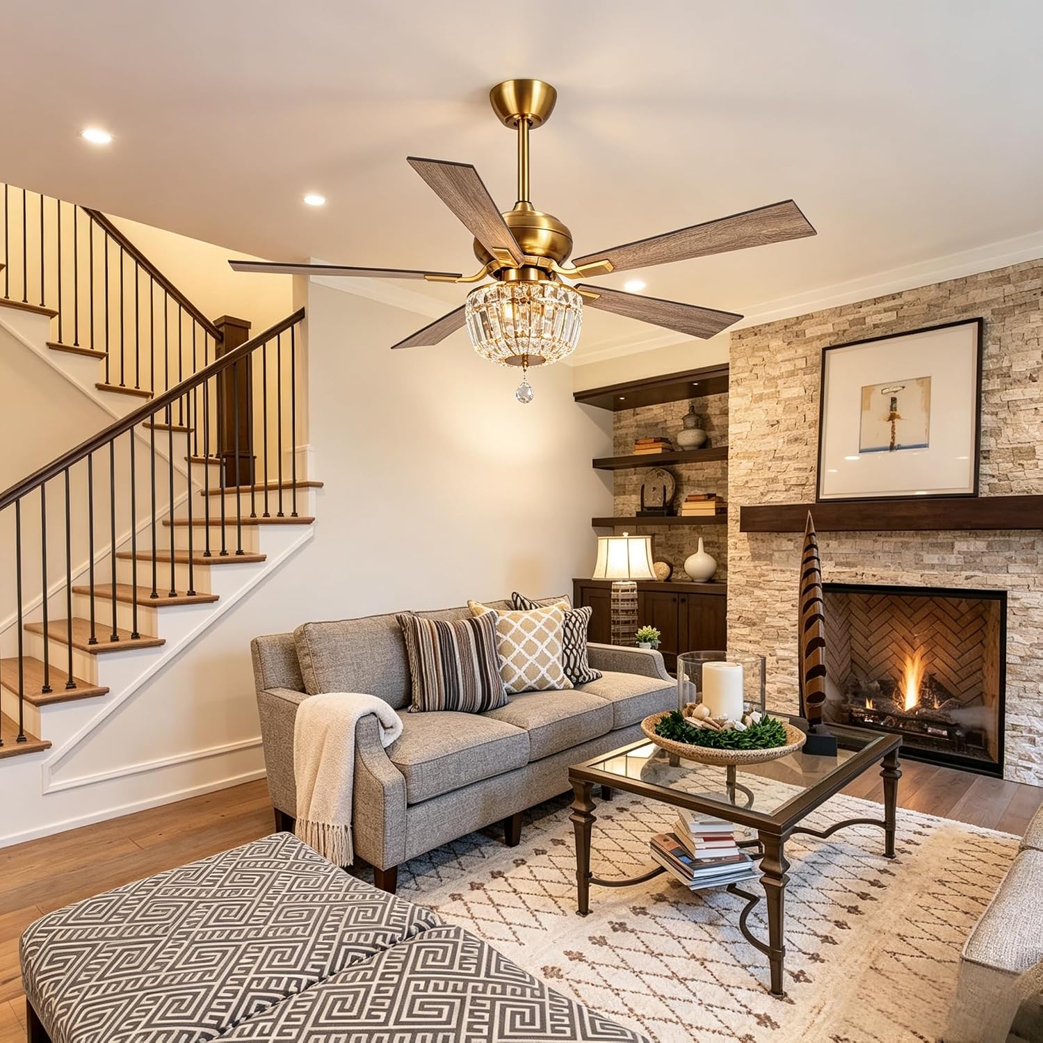 52' Crystal Ceiling Fan with Lights and Remote, Champagne Bronze Chandelier Ceiling Fan, Reversible 5-Blade Ceiling Fan for Bedroom, Living Room, Dining Room, Luxury Glam Style