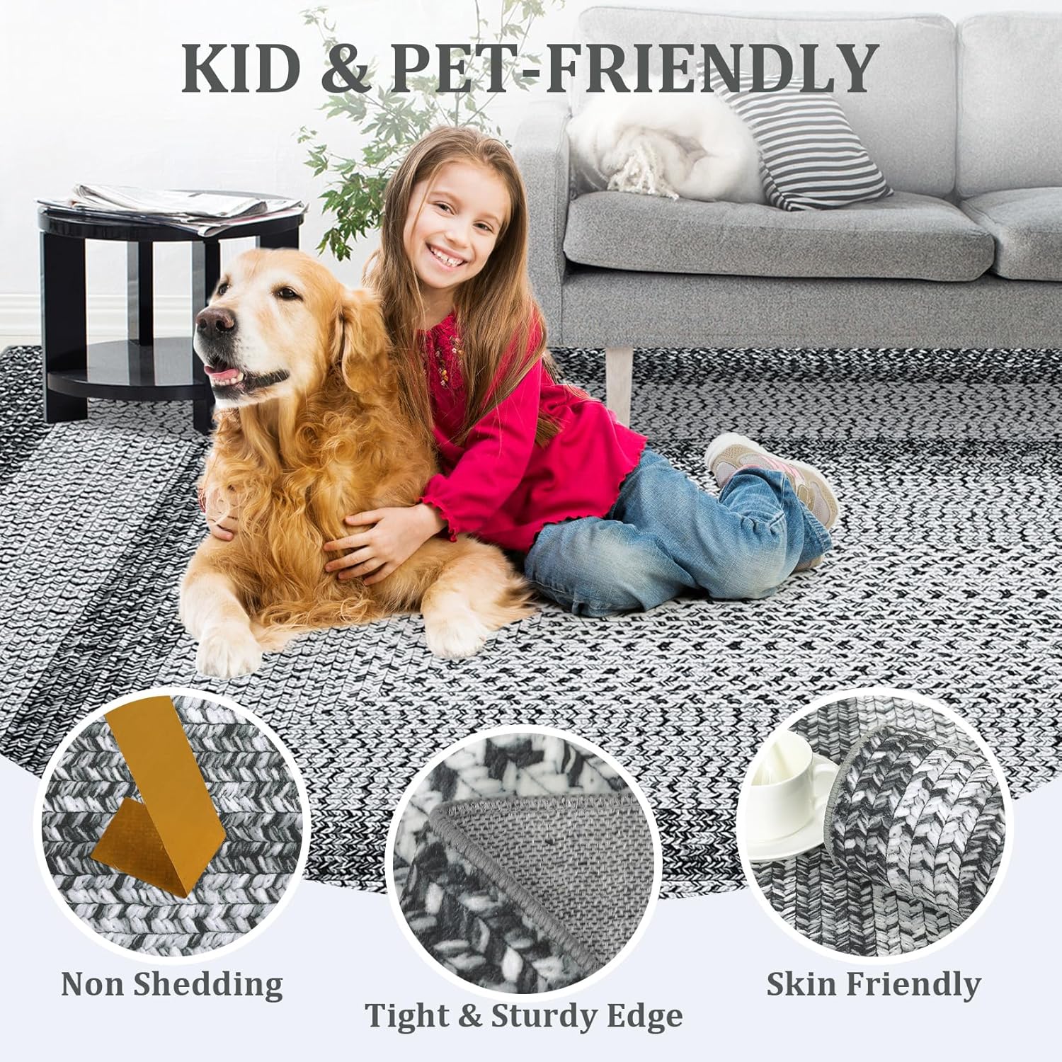 Large Braided Print Rug 10x13 Living Room Rug Soft Washable Rugs for Bedroom Low Pile Stain-Resistant Farmhouse Mat Non Slip Rustic Floor Mat for Dining Room Nursery Cottage Office Grey