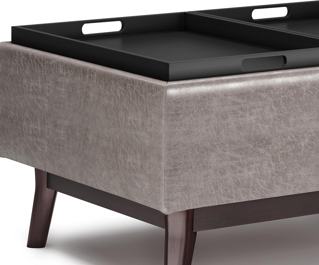 SIMPLIHOME Owen Tray Top Small Coffee Table Storage Ottoman - 34 inch Wide Upholstered Vegan Leather Rectangular Flip-Top Ottoman in Distressed Grey, Mid-Century Modern Ottoman for Living Room