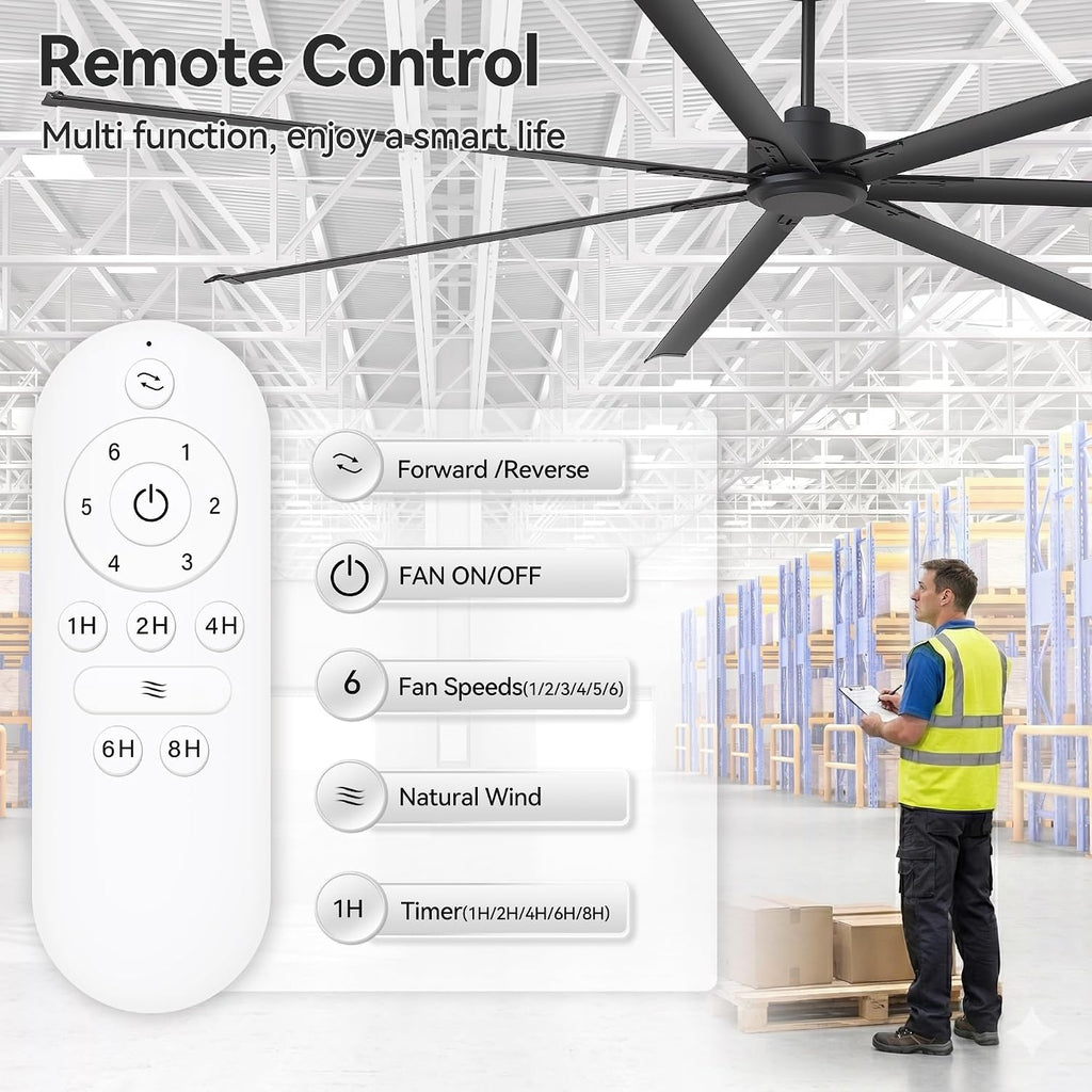 108 Inch Industrial Ceiling Fans without Lights, Large HVLS Ceiling Fan with 7 Aluminum Blades, 6-Speed Quiet DC Motor, 3 Downrods, Commercial Ceiling Fan for Shop/Garage/Gym (Black)