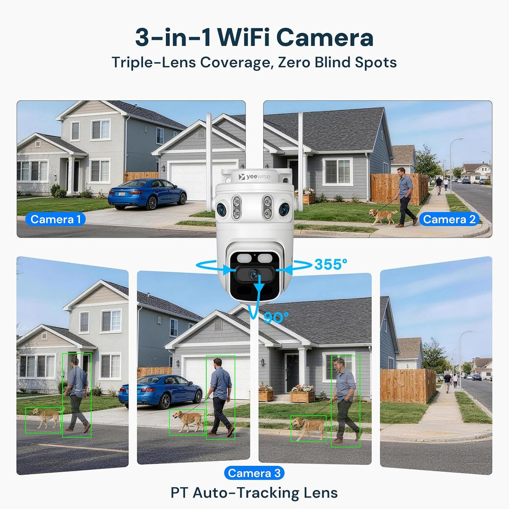 yeewise Triple Lens Wireless Security Camera System with 12' Monitor, 180° Wide View + 360° PTZ AI Tracking, WiFi 6, 16CH NVR, 24/7 Recording, 500GB HDD, No Monthly Fee, Plug-in Power