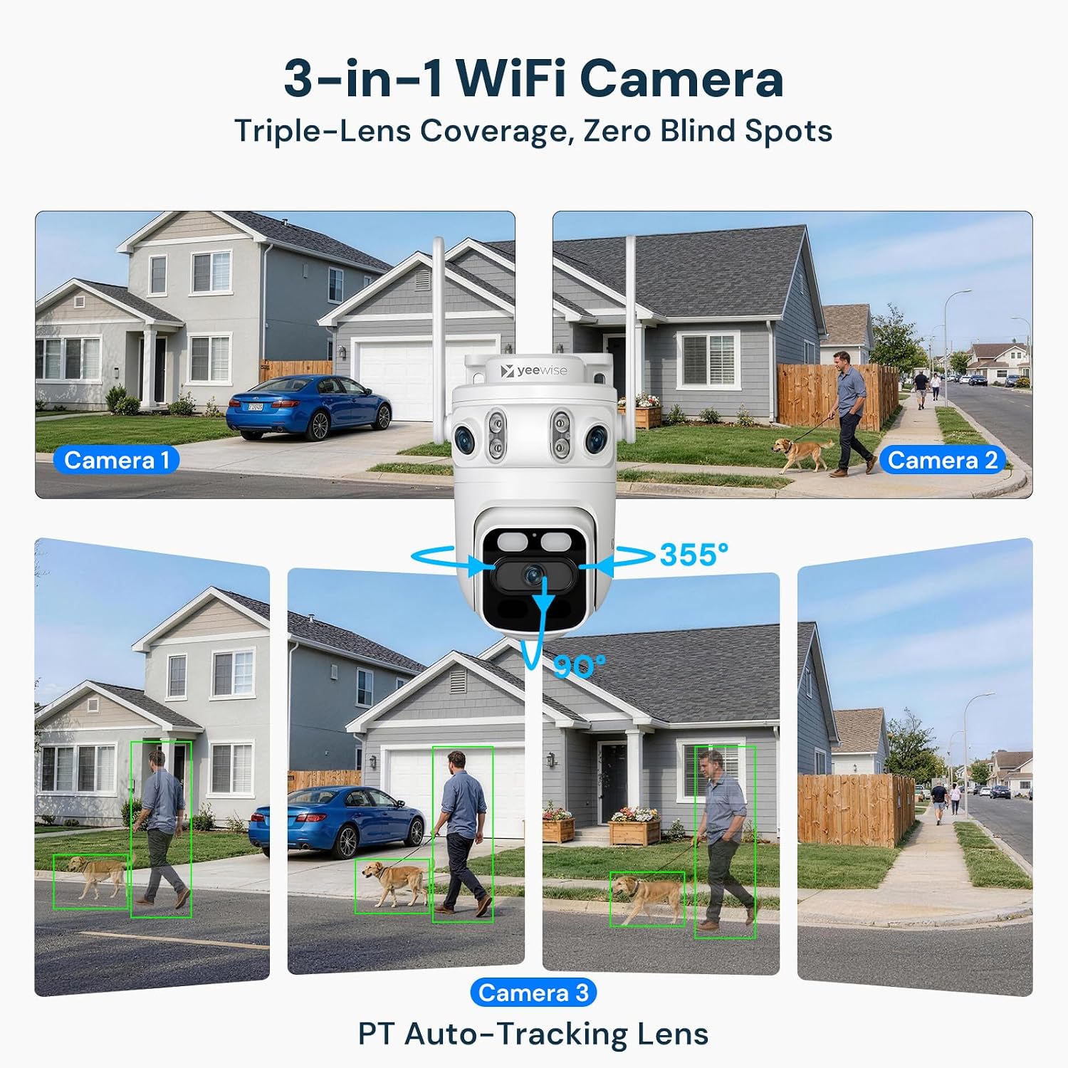 yeewise Triple Lens Wireless Security Camera System with 12' Monitor, 180° Wide View + 360° PTZ AI Tracking, WiFi 6, 16CH NVR, 24/7 Recording, 500GB HDD, No Monthly Fee, Plug-in Power