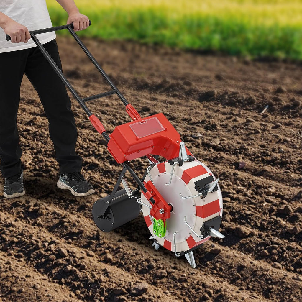 Manual Seeder, 7 Nozzles Handheld Seeding Machine Hand Push Roller Seeder Corn Soybean Fertilizer Machine, 9.06in Spacing Manual Planter Floor Standing Outdoor for Slopes Rice Planting Fields