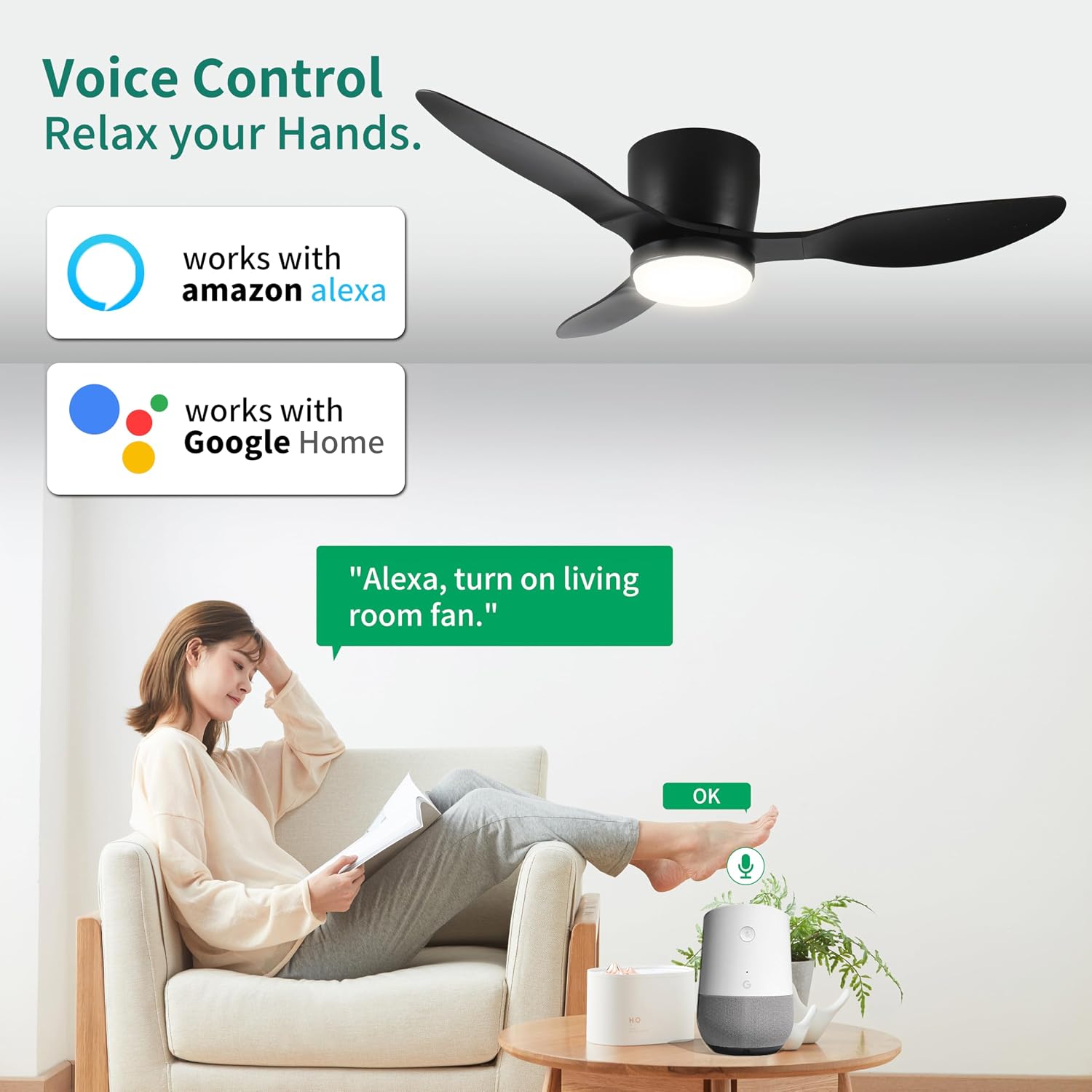 42' Smart Flush Mount Ceiling Fans with Lights Remote,Quiet DC Motor,Outdoor Indoor Low Profile Ceiling Fan,Control with WIFI App,Dimmable,ABS blades,for Bedroom Patio