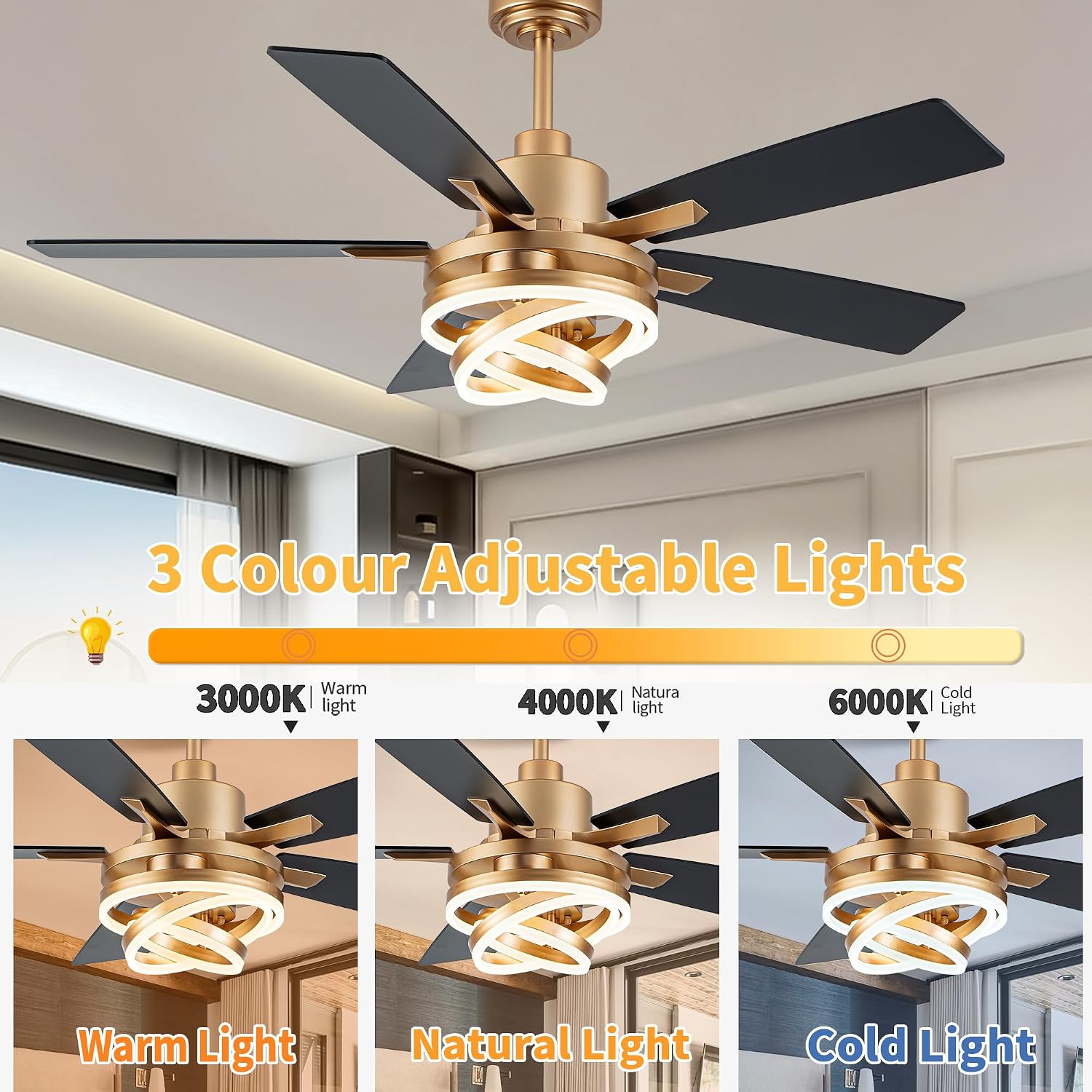 52 Inch Chandelier Ceiling Fans with Lights and Remote Control,6 Wind Speeds,3 Lighting Colors Optional,DC Motor,DIY Rings LED,Ceiling Fan for Living Room/Dining Room/Bedroom/Kitchen