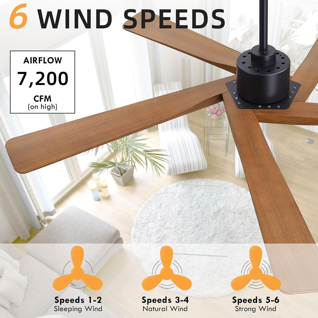 WINGBO 64' ABS DC Ceiling Fan No Light, 5 Blade ABS Plastic Ceiling Fan with Remote, 6-Speed Reversible DC Motor, Ceiling Fans without Light for Kitchen Bedroom Living Room, Matte Black and Walnut