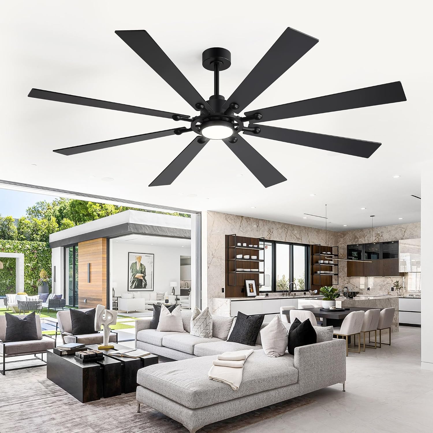 Farmhouse Black Ceiling Fans with Lights and Remote, 72 Inch Industrial Ceiling Fans with 6-Speed Reversible DC Motor, 3 CCT, Dual Finish 8 Blades, Indoor/Outdoor Ceiling Fan for Patio Bedroom