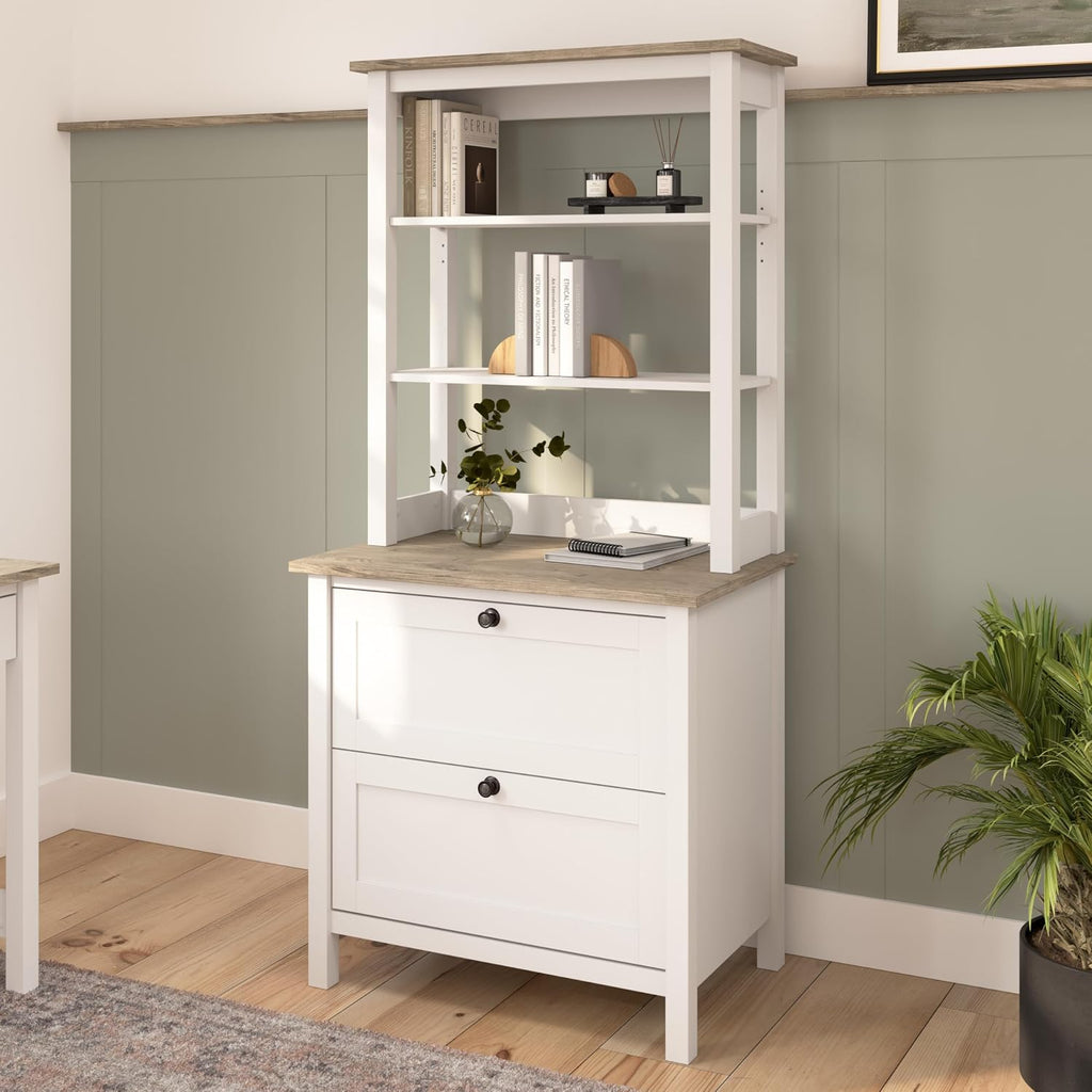 Bush Home Mayfield Bookcase with Drawers in Pure White and Shiplap Gray