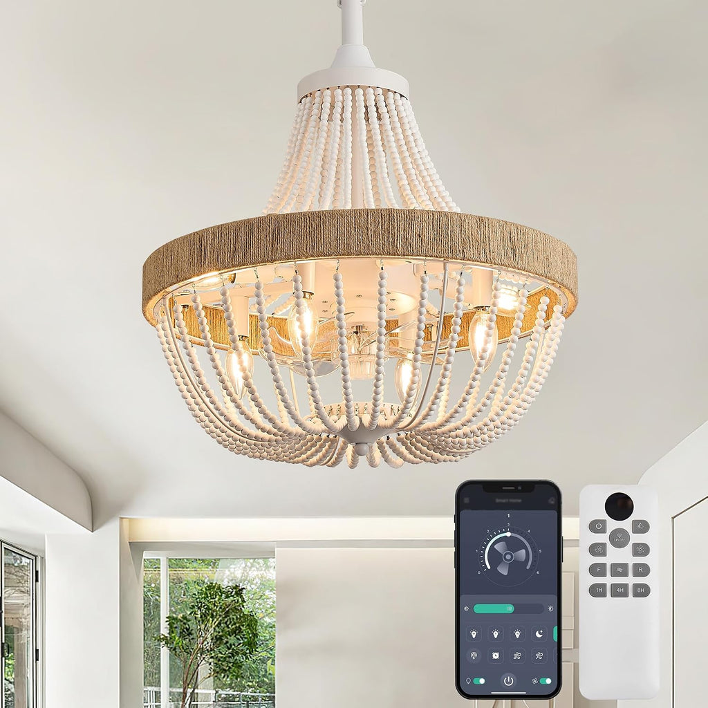 20' Rustic Beaded Chandelier Ceiling Fan with Lights, Remote & App Control, 6 Speed, 8-Lights Boho Fandelier, for Bedroom, Dining Room (Minimalist White)