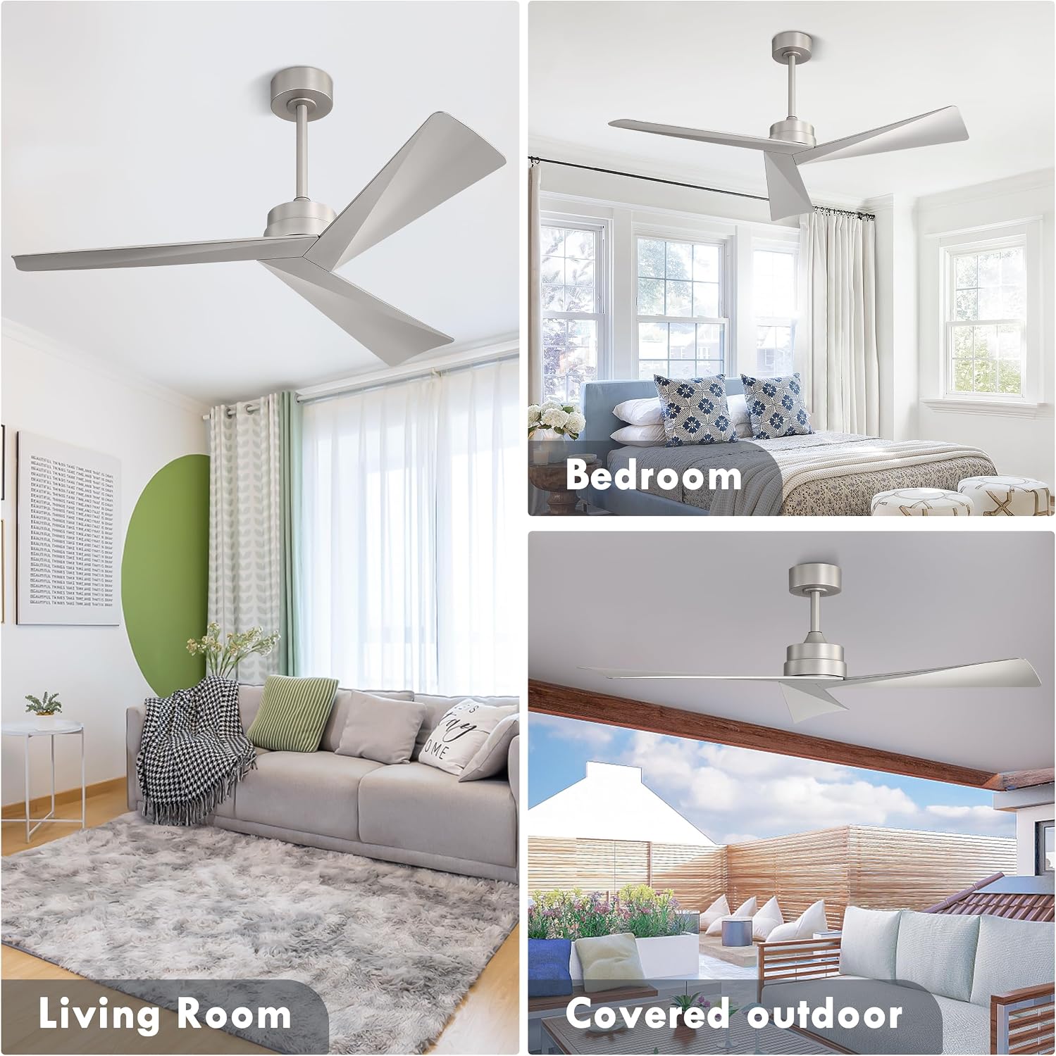 WINGBO 52' DC Ceiling Fan without Lights, Bruhsed Nickel Ceiling Fan with Remote, 3 ABS Plastic Blades, 6 Speed Reversible DC Motor, Ceiling Fans No Light for Kitchen Bedroom Living Room