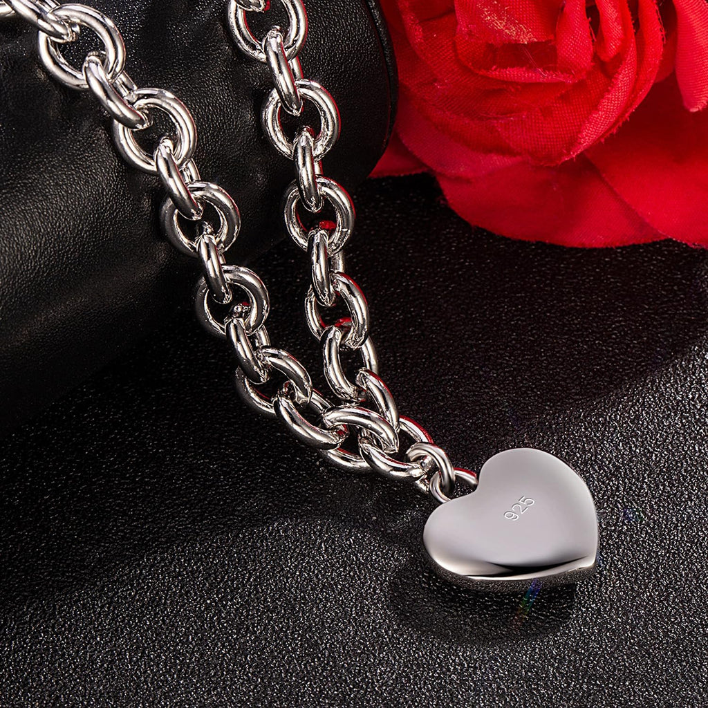 Dankadi Women 925 Sterling Silver Necklace Round Cable Wire Link-Charm Heart-Bell-Square-Circle Pendant Chain Choker Fine Jewelry Gift For Wife Her (6MM Silver Heart Pendant, 18 inch)