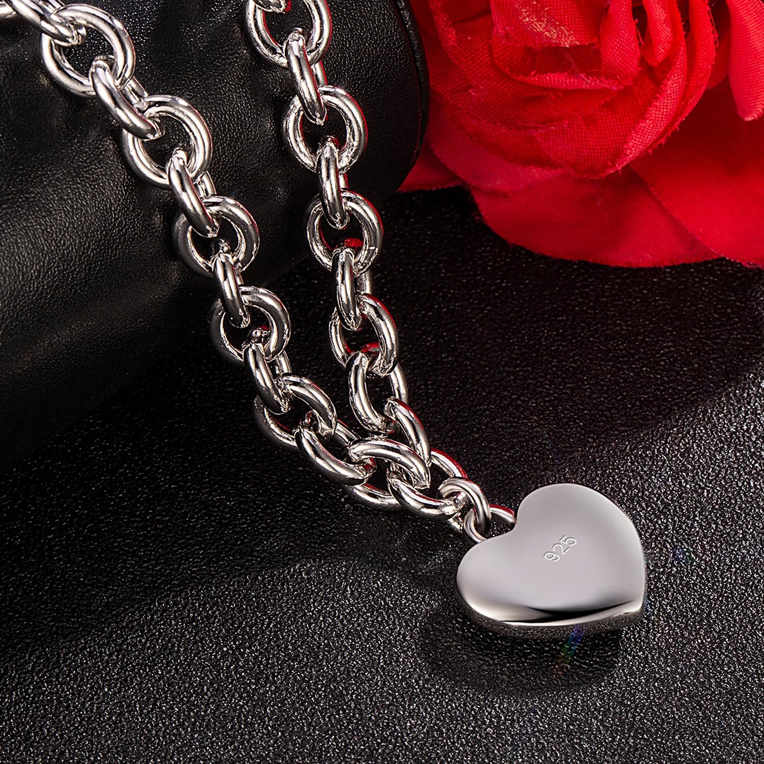 Dankadi Women 925 Sterling Silver Necklace Round Cable Wire Link-Charm Heart-Bell-Square-Circle Pendant Chain Choker Fine Jewelry Gift For Wife Her (6MM Silver Heart Pendant, 18 inch)