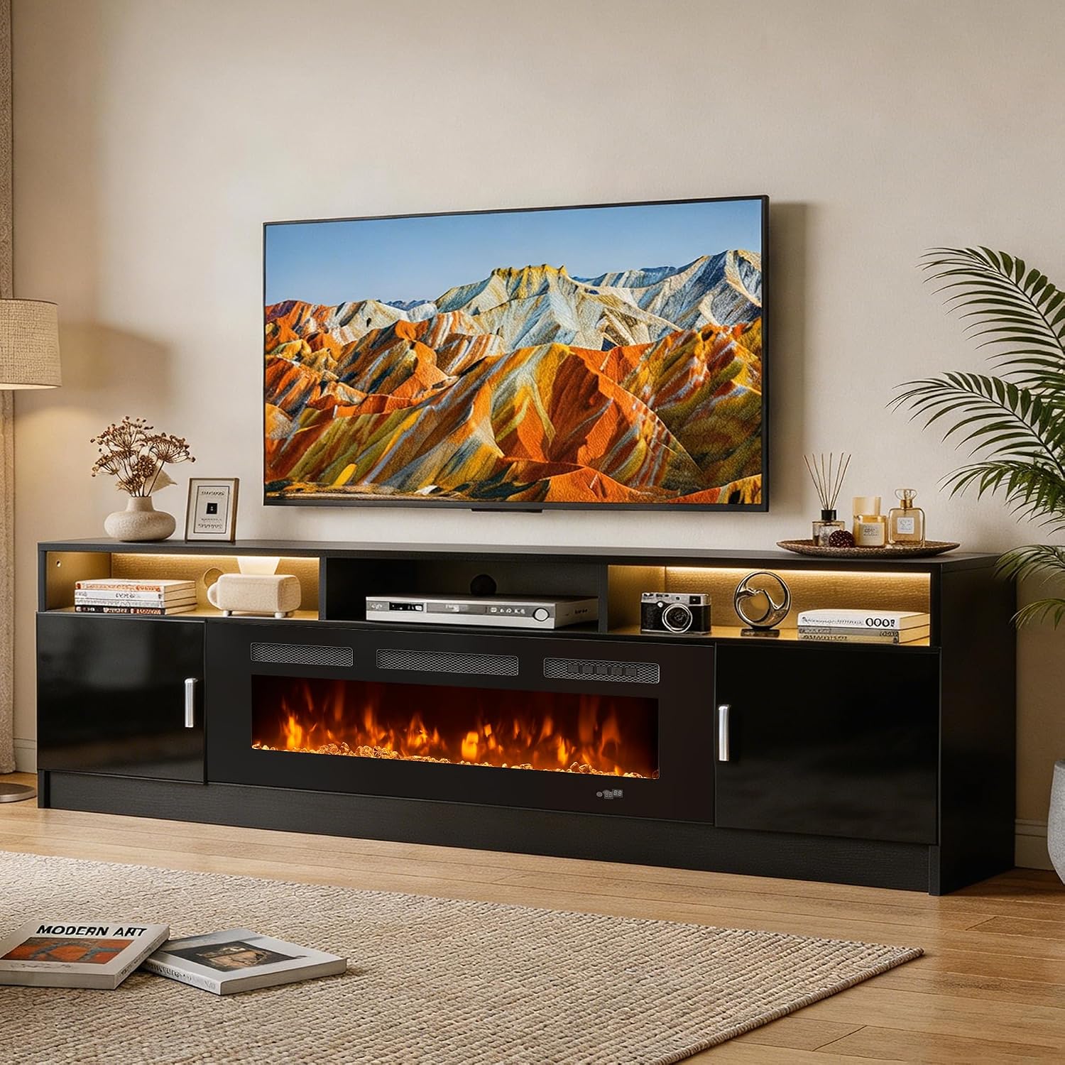 80' Fireplace TV Stand with Power Outlet, Electric Fireplace Entertainment Center with Storage Cabinets, Fits TVs up to 90', TV Console with LED Lights for Living Room, Office, Black-Black