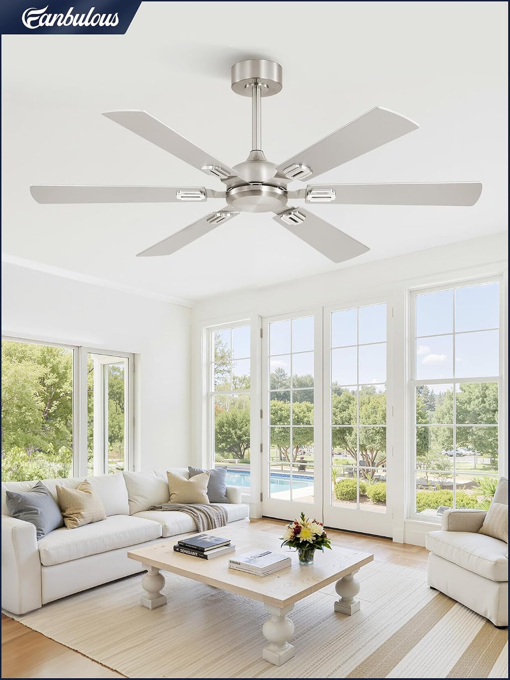 Fanbulous 52 Inch Ceiling Fans No Light with Remote, Modern Ceiling Fan Without Light, Dual Finish 6 Blades, Reversible Quiet DC Motor, 6 Speed, Large Ceiling Fan for Indoor or Covered Outdoor, Nickel