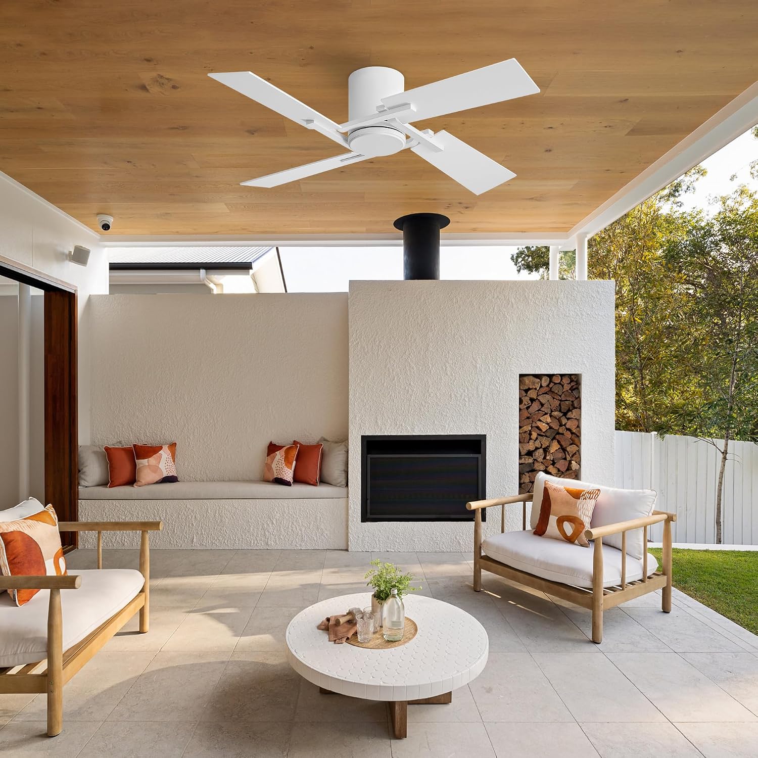 WINGBO 48 Inch Flush Mount Ceiling Fan without Light - 4 Plywood Blades, 6-Speed Reversible DC Motor, Noiseless Low Profile Ceiling Fan No Light for Bedroom Living Room, White and Oak/White