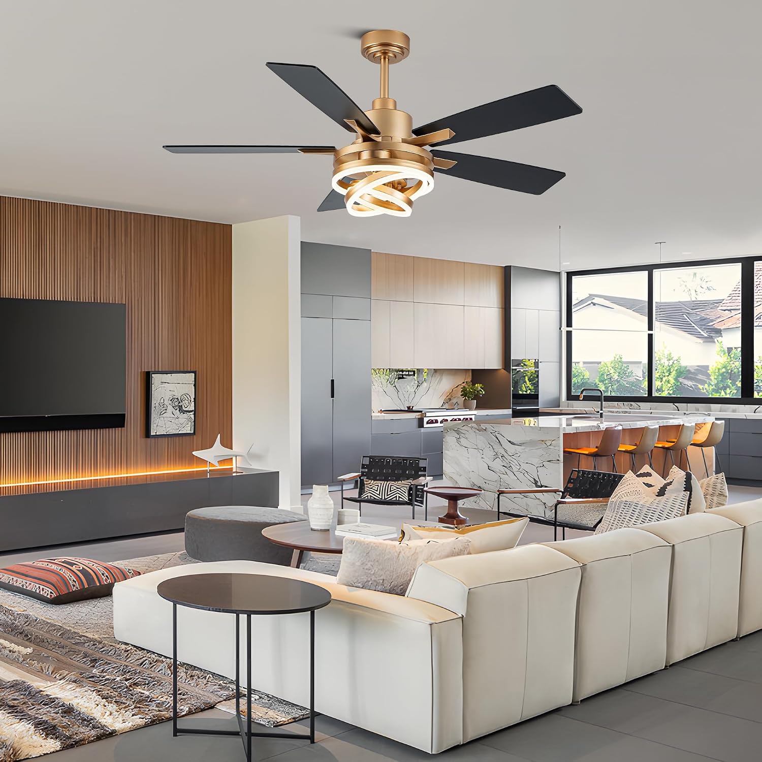 52 Inch Chandelier Ceiling Fans with Lights and Remote Control,6 Wind Speeds,3 Lighting Colors Optional,DC Motor,DIY Rings LED,Ceiling Fan for Living Room/Dining Room/Bedroom/Kitchen