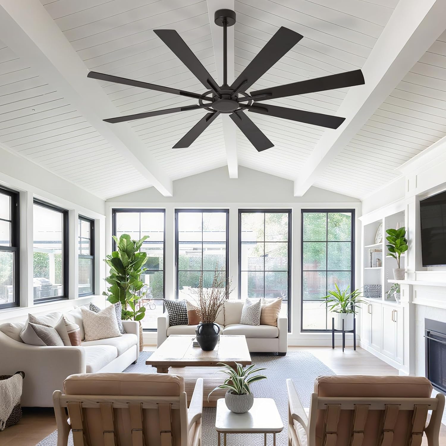 Ceiling Fan Without Light: 72 Inch Big Indoor Outdoor Fan with Remote APP Control - Black Wood Grain Large Ceiling Fan no Light 8 Blade Reversible Quiet DC Motor Memory Function Timer