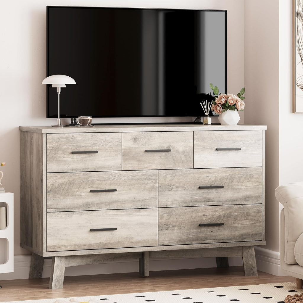 Xixini Dresser for Bedroom with 7 Drawer, Wood Modern Chest of Drawers with X-Shaped Sturdy Base, Wide Double Dresser Closet Clothes Storage Organizer, Wooden TV Stand for Living Room, Hallway, Grey