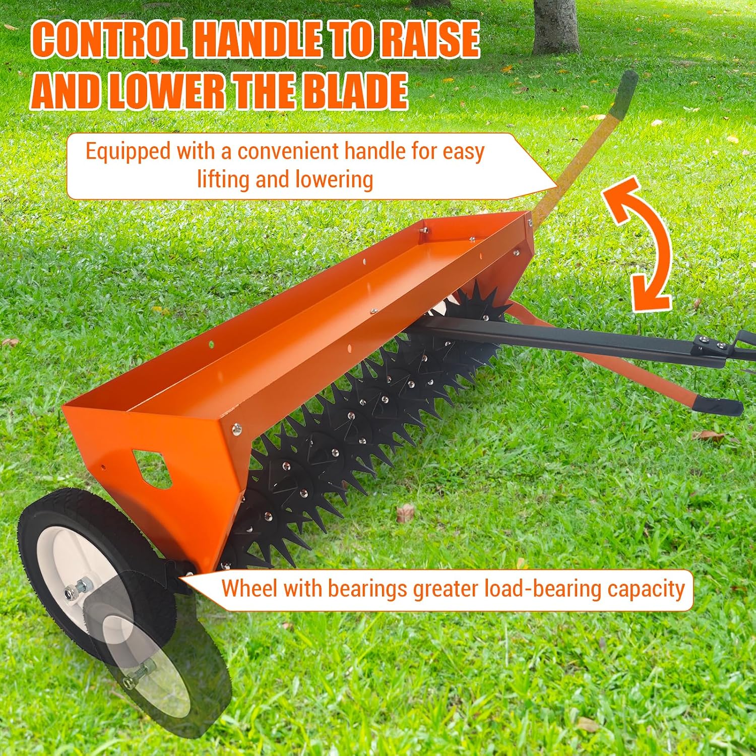 40 Inch Tow Behind Spike Aerator, Heavy Duty Lawn Aerator with Steel Teeth, Weight Tray & Transport Wheels for Garden, Farm Tractor, ATV – Durable Galvanized Steel Tines,Orange