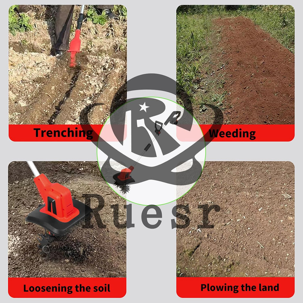 Ruesr Electric Cordless Garden Tiller, 50-inch Cultivator 20v Electric Garden Tiller Battery Powered Total 4000mAh 4-in-1 Soil Tiller for Trenching, Weeding, Loosening, Plowing
