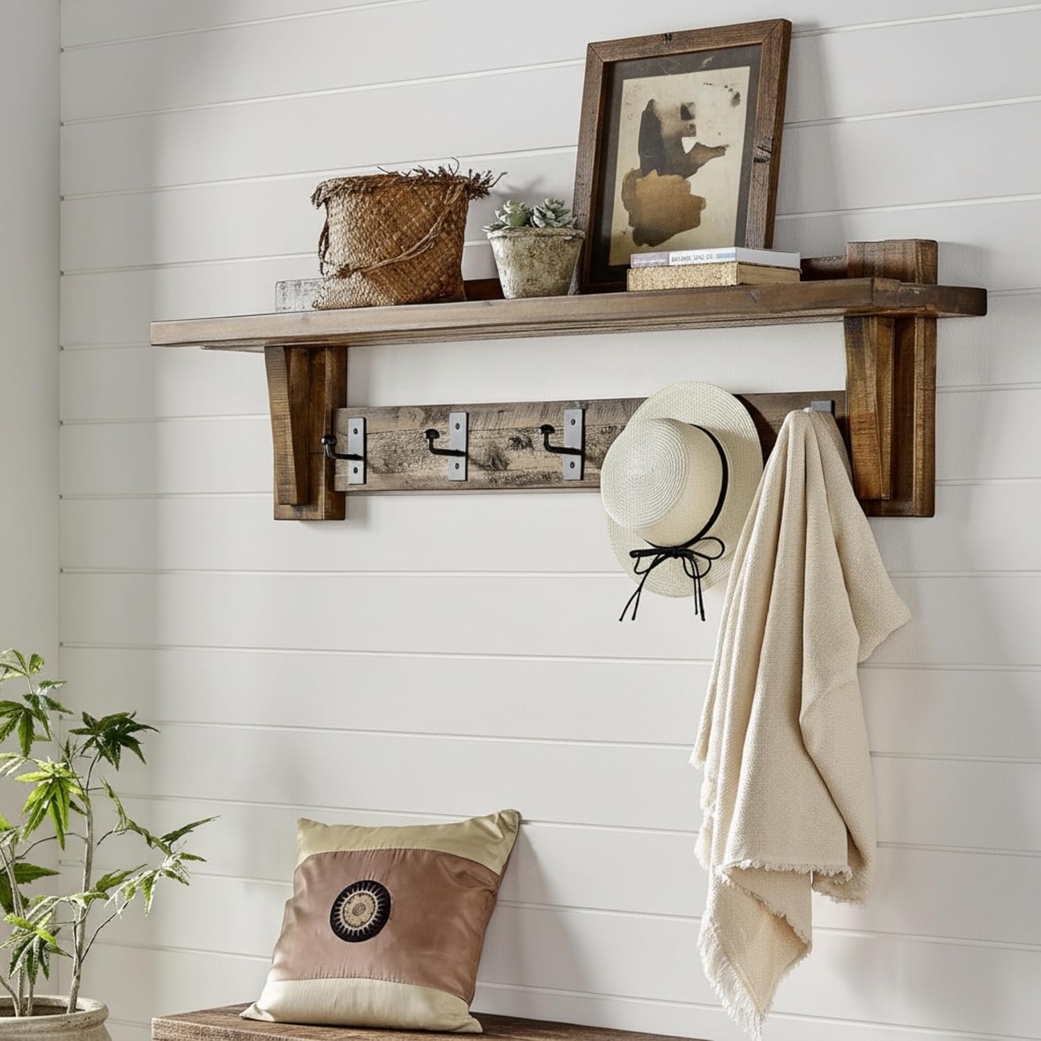 Durango Industrial Wood Coat Hook Entryway Shelf, Home Storage, Accent Furniture, Living Room Furniture, Rustic, Farmhouse, Industrial, Solid Wood