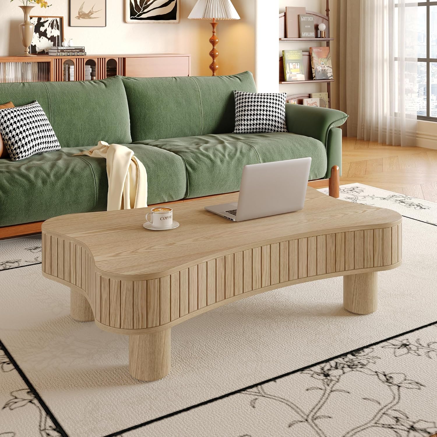 Zurnes Lift Top Coffee Table with Storage, 42' Accent Table for Living Room, Fluted Panel Hidden Storage, Silent Hydraulic Lift, Curved Corners, Easy Assembly, Natural Wood