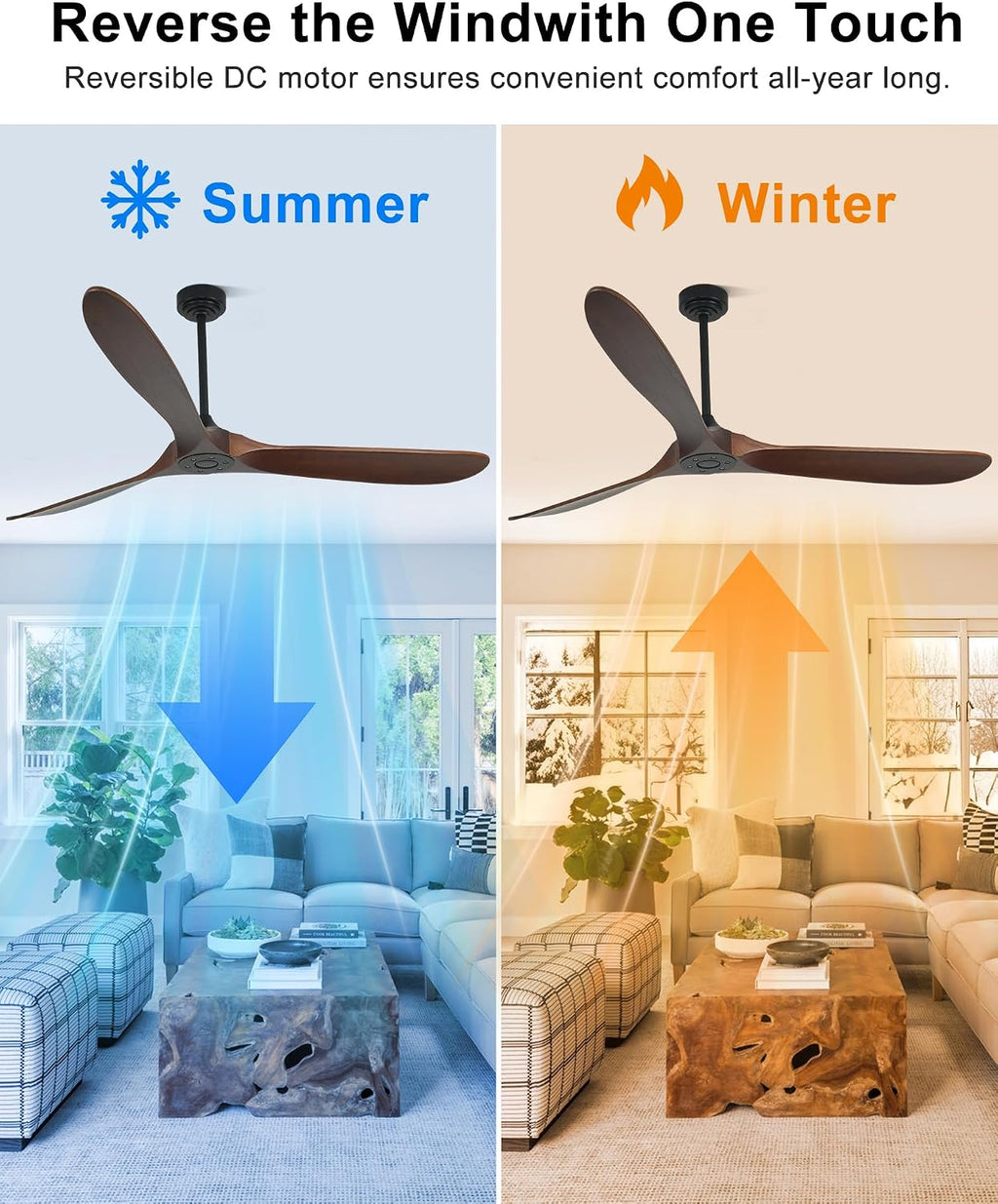 72' Smart Ceiling Fan without Lights, Wood Large Ceiling Fan with Remote Alexa Google App, 3 Blade Propeller for Patios Farmhouse Garage High CFM, Red Walnut