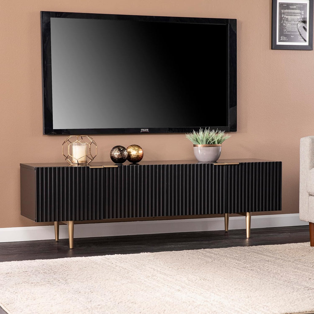 SEI Furniture - Pilston 4-Door Media Console - Black - Transitional Design, Black Iron and Wood - Ideal for Living Room, Family Room (MS1222156)