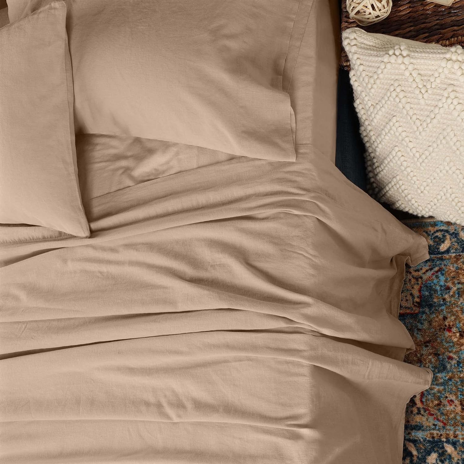 Superior Cotton Linen Blend Sheet Set, Bedsheets for Home Decor, Modern Solid Bedding Includes 1 Oversized Fitted Sheet, 1 Flat Sheet, 2 Pillowcases, Bedroom Essentials, Queen Size, Tan