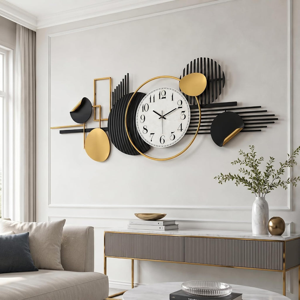 HAVFIFK 59' Large Metal Wall Clock,3D Silent Clock for Living Room | Layered Geometric Design, Easy to Install, Vertical or Horizontal Hanging Wall Art Decor for Bedroom, Dining Room, Office.
