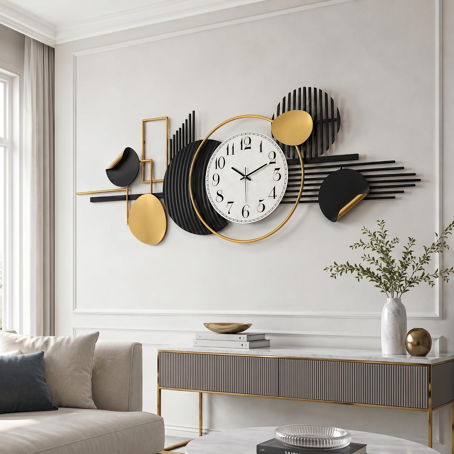 HAVFIFK 59' Large Metal Wall Clock,3D Silent Clock for Living Room | Layered Geometric Design, Easy to Install, Vertical or Horizontal Hanging Wall Art Decor for Bedroom, Dining Room, Office.