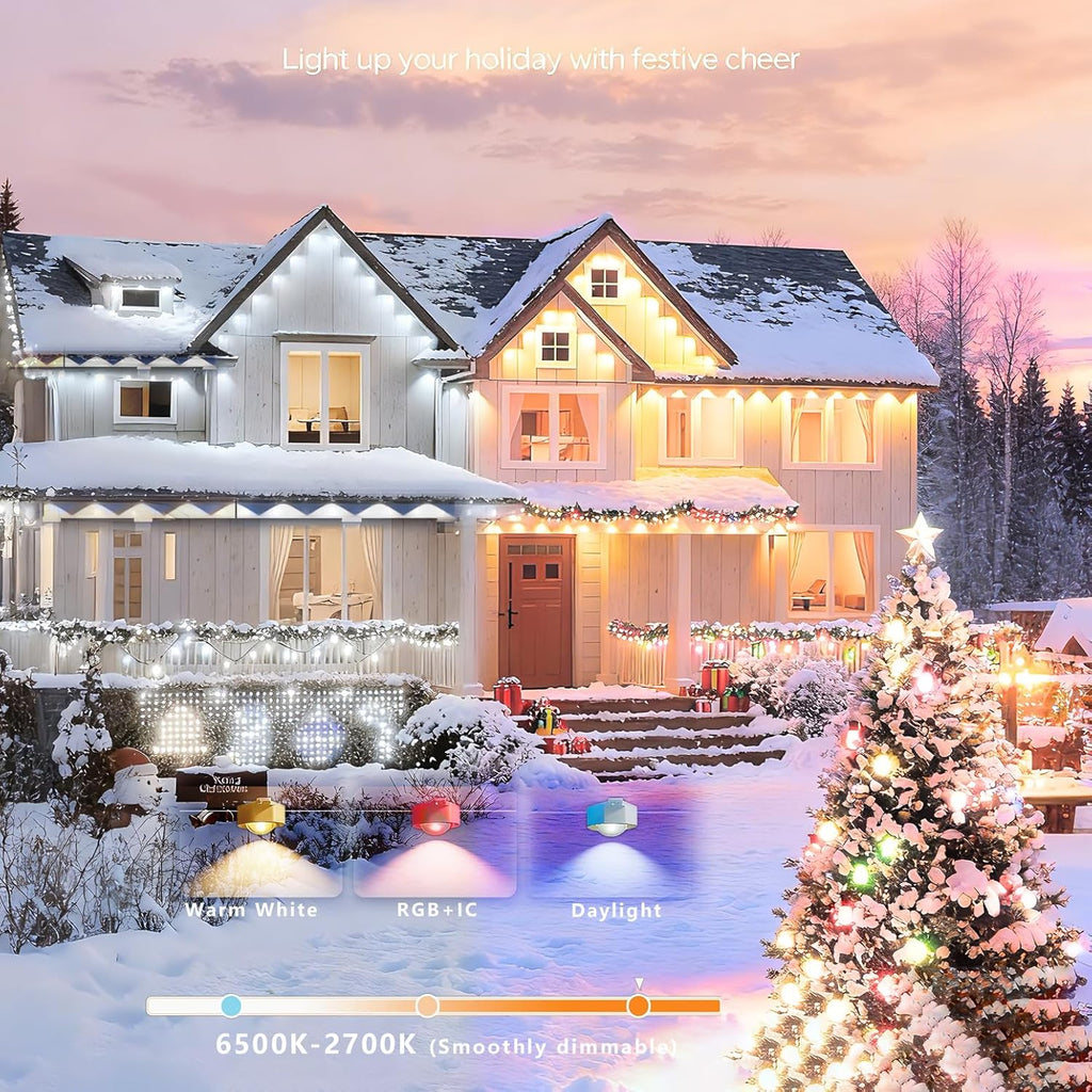 rosykite Permanent Outdoor Christmas Lights for House,100ft Smart RGB+IC Color Eave Lights,Tunable Warm to Cool White 60lm for Daily Lighting,IP67 Waterproof, Alexa Google APP Remote Control