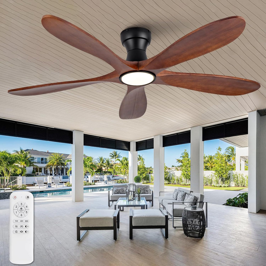 52 Inch Flush Mount Ceiling Fans with Lights and Remote, Dimmable 5 Blade Wood Outdoor Ceiling Fan Outdoor Fans for Patios Low Profile Modern Ceiling Fan with Light for Bedroom Living Room