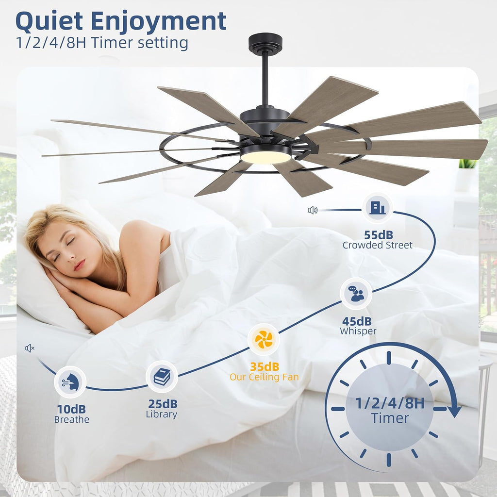 WINGBO 72' Windmill Ceiling Fan with Lights, 3 Downrod, 6-Speed Reversible DC Motor, 3CCT, 10 Blade Indoor Farmhouse DC Ceiling Fans for Kitchen Bedroom Living Room Patio, Matte Black and Grey