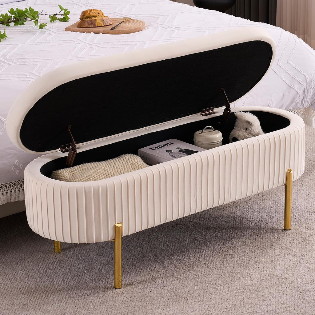 Velvet Storage Bench for Bedroom Upholstered End of Bed Bench Modern Ottoman with Gold Legs for Living Room/Window/Entryway (Ivory White, Oval-45.5' W)