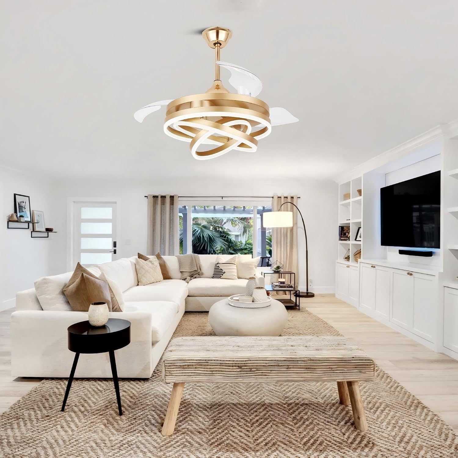 42' Gold Fandelier Ceiling Fan Retractable Ceiling Fan with Lights Remote Control, Modern Chandelier LED Light, Silent DC Motor Reversible 6 Speeds for Bedroom Living Room Kitchen