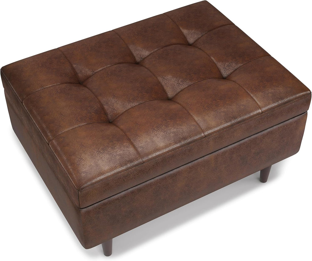 SIMPLIHOME Shay Coffee Table Storage Ottoman - 34 inch Wide Upholstered Vegan Leather Small Rectangle Ottoman in Distressed Chestnut Brown, Mid-Century Modern Tufted Ottoman for Entryway with Lift Top