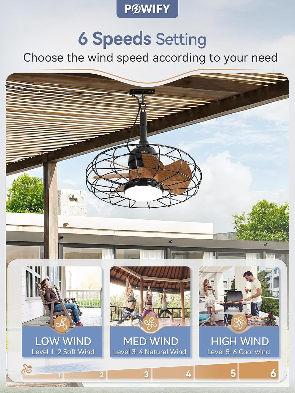 Outdoor Ceiling Fans with Lights for Patios,Plug in Gazebo Ceiling Fan with Remote Control,Waterproof Caged Hanging Fans with Hook 3CCT 6-Speed for Outside Porch
