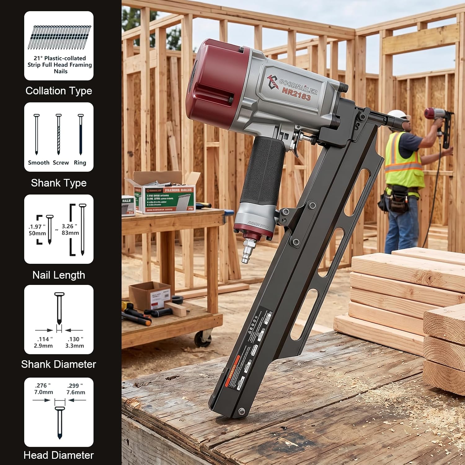 NR2183 Framing Nail Gun 21 Degree Plastic Strip Nailer 2-Inch up to 3-1/4-Inch Plastic Collated Full Head Framing Nailer Aluminum Magazine Light Weight Fast Speed