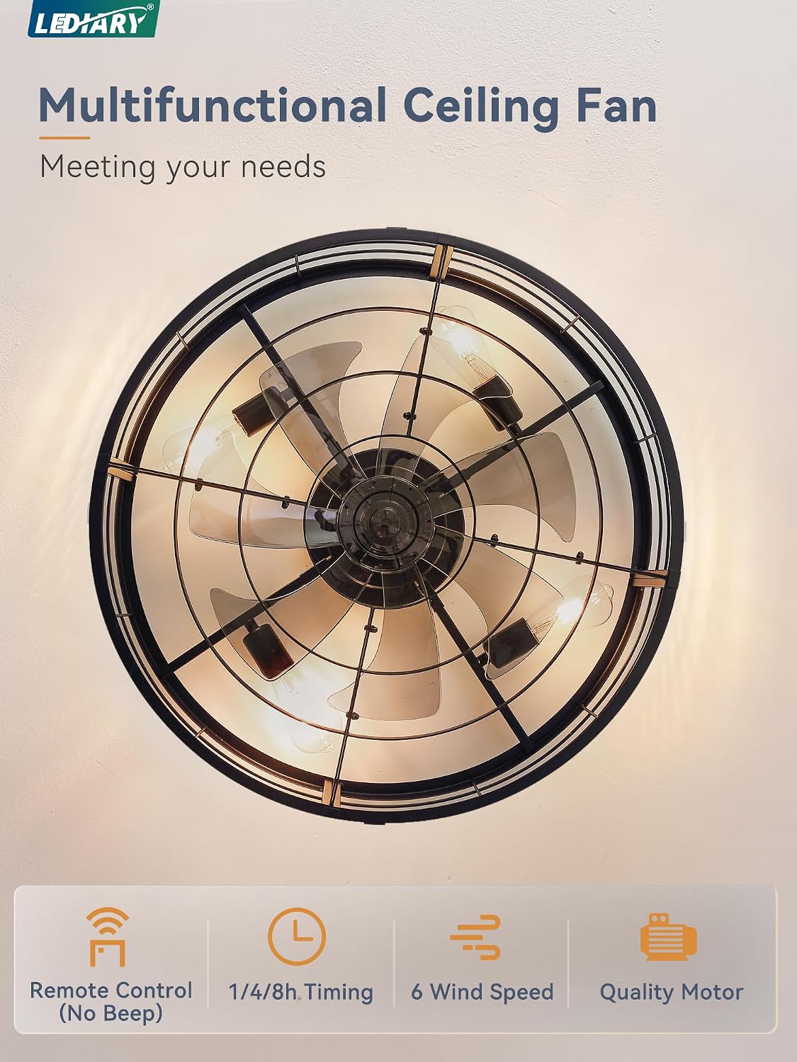 LEDIARY 26' Caged Ceiling Fan with Light and Remote, Low Profile Flush Mount Fandelier, Black Bladeless Enclosed Small Fan Lights Ceiling Fixtures, Rustic Farmhouse Style for Bedroom, Outdoor