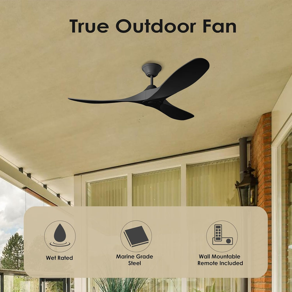 Generation Lighting 3MGMR60MBK-V2 Maverick Coastal Ceiling Fan with Remote Control, Wet Rated Indoor Outdoor Fan, High CFM with 3 Blades, 6 Speeds (Midnight Black with Midnight Black Blades, 60-Inch)
