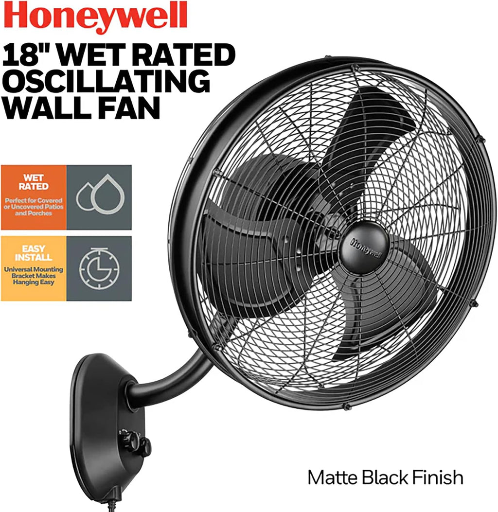 Honeywell Outdoor Wall Mount Oscillating Wet Rated Fan, Strong Airflow, 3 Speeds, 300 Degree Oscillation, 8 Foot Corded Electric, Matte Black