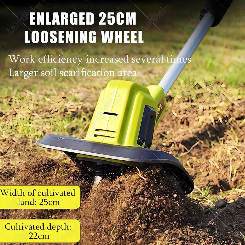 Electric Tiller, Cordless Electric Garden Rotavator - 25cm Working Width, 22cm Working Depth, 20V Soil Cultivator - Tiller with Safety Switch BackpackBattery