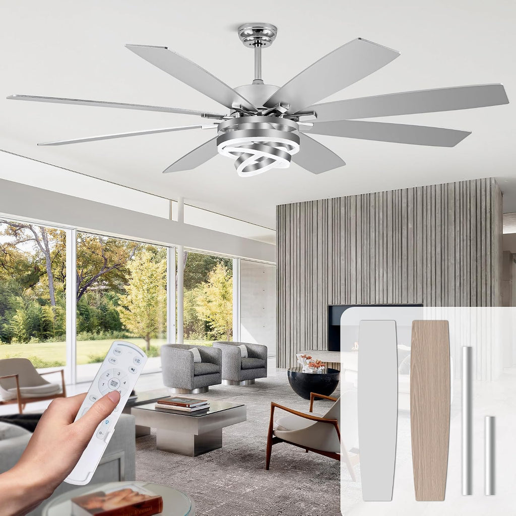 72 Inch Fandelier Ceiling Fan with Lights and Remote Large Modern Ceiling Fan Silver Chandelier Dimmable LED Light, Reversible Quiet DC Motor 3CCT 6 Speed for Living Room Indoor Outdoor